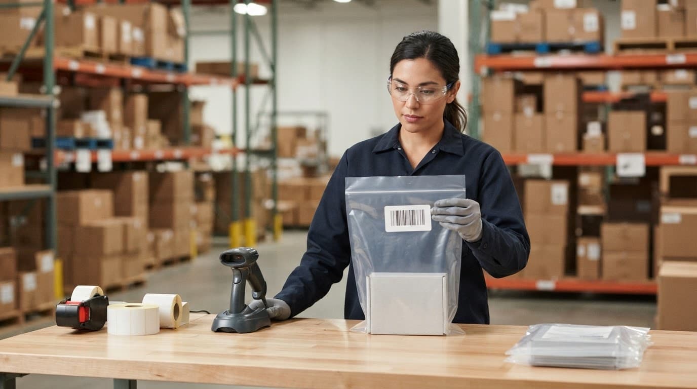 Worker checks a poly bag and labeled package beside a handheld scanner.