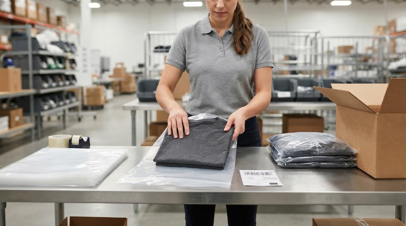 Worker placing folded clothing into a clear bag beside a shipping carton.