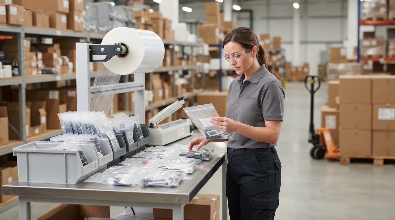 A worker checks bagged products at a packaging table with cartons and warehouse shelves behind.