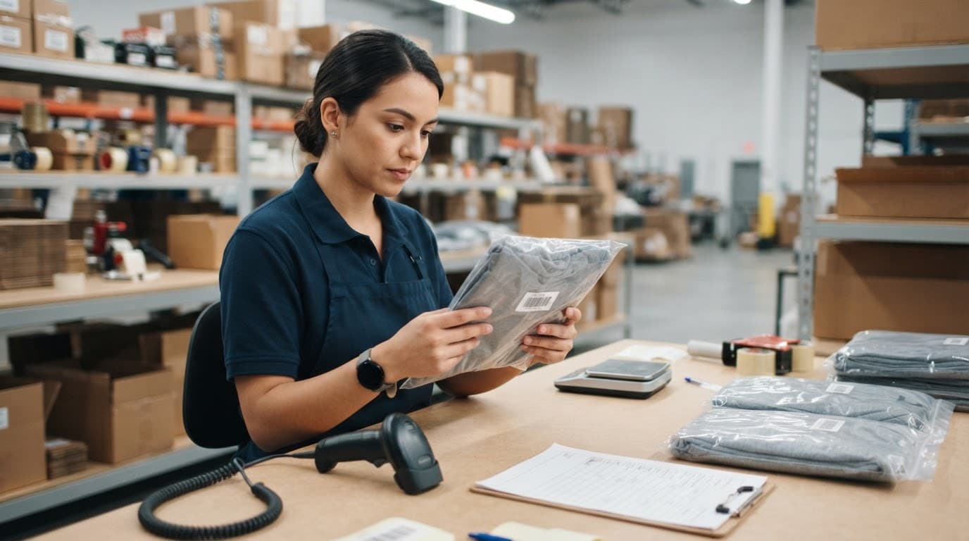 Worker checking sealed products beside a scanner and cartons.