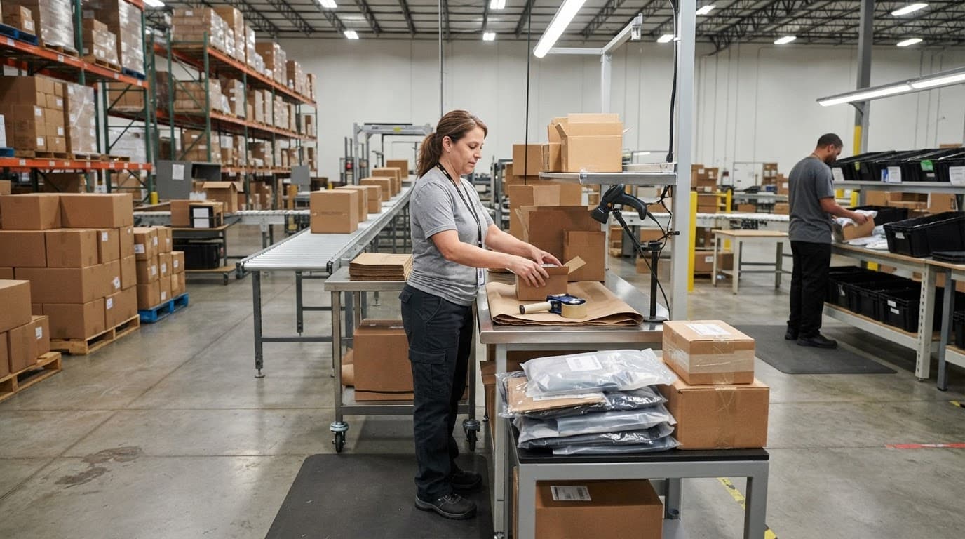 One worker packs cartons beside finished units and a returns area.