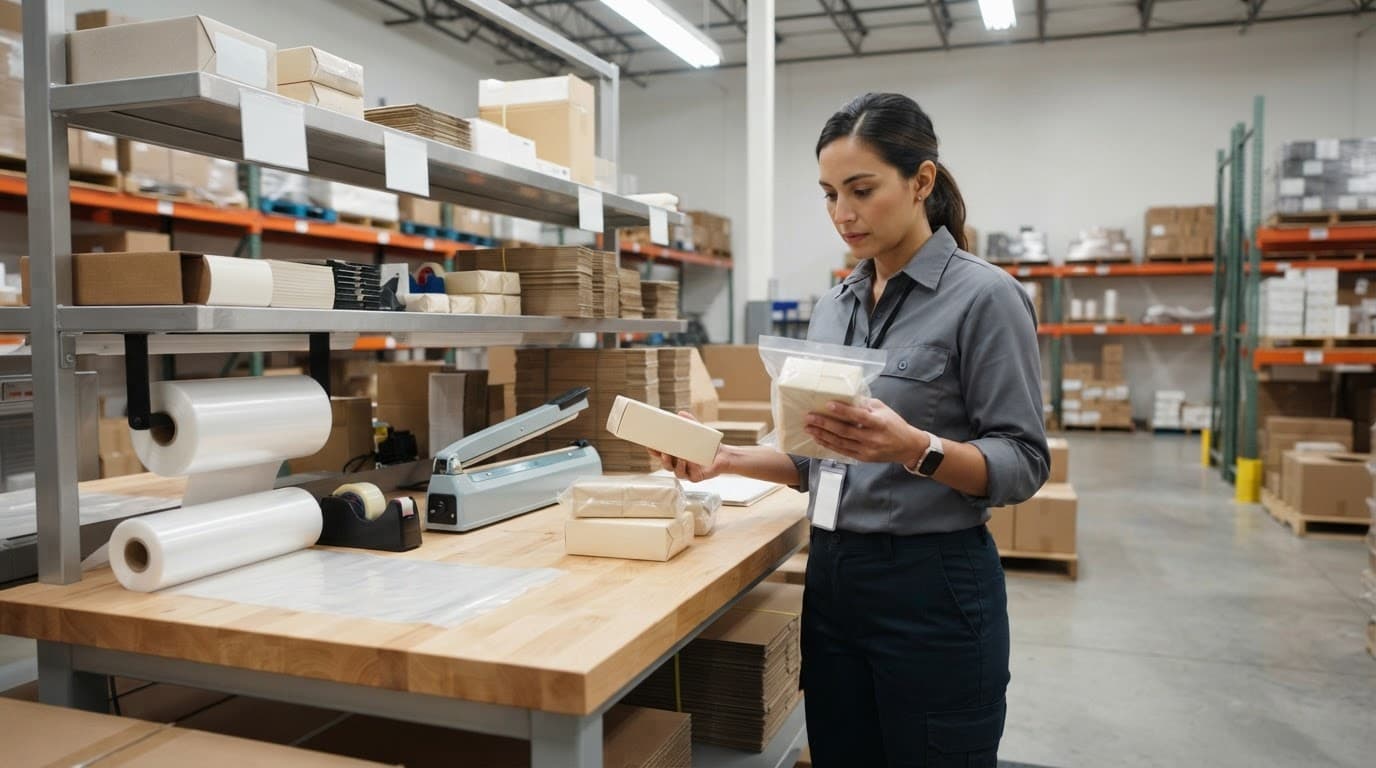 A warehouse worker compares products and packaging at a clean station.