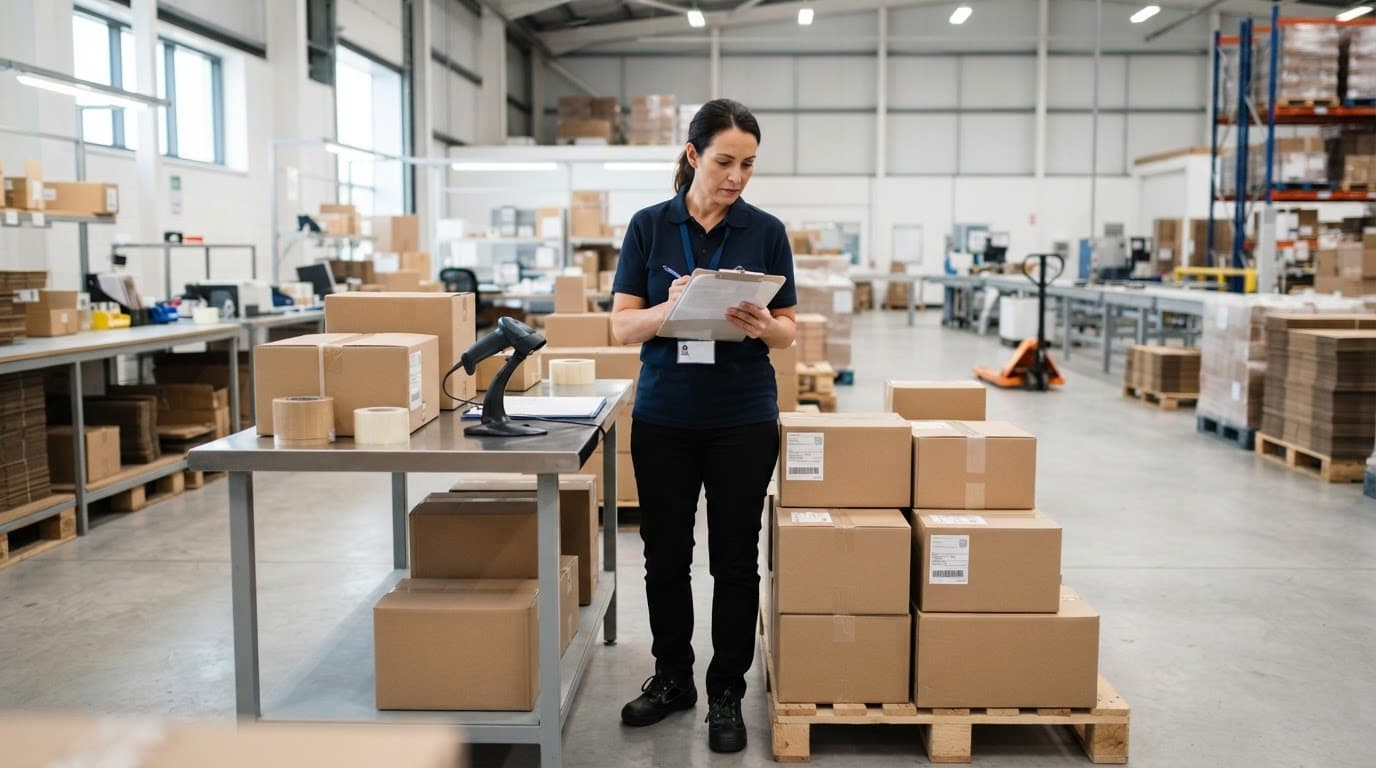 A warehouse supervisor checks a clipboard beside cartons and a barcode scanner.