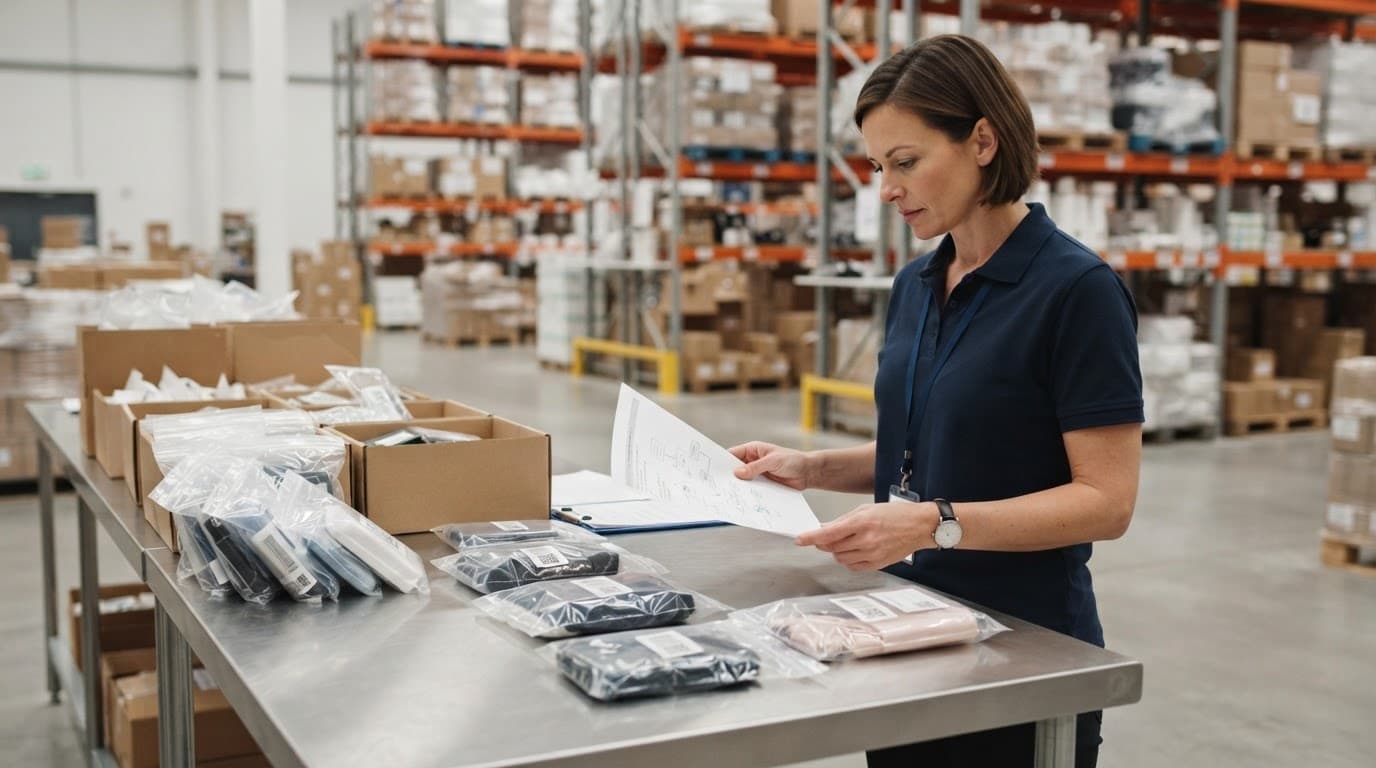 A warehouse manager reviews packaging samples beside sealed products and cartons.