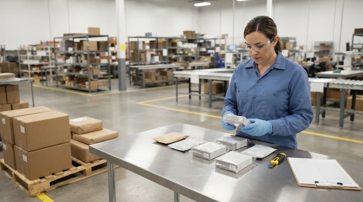 A quality specialist checks repackaged products beside cartons and returned packages.