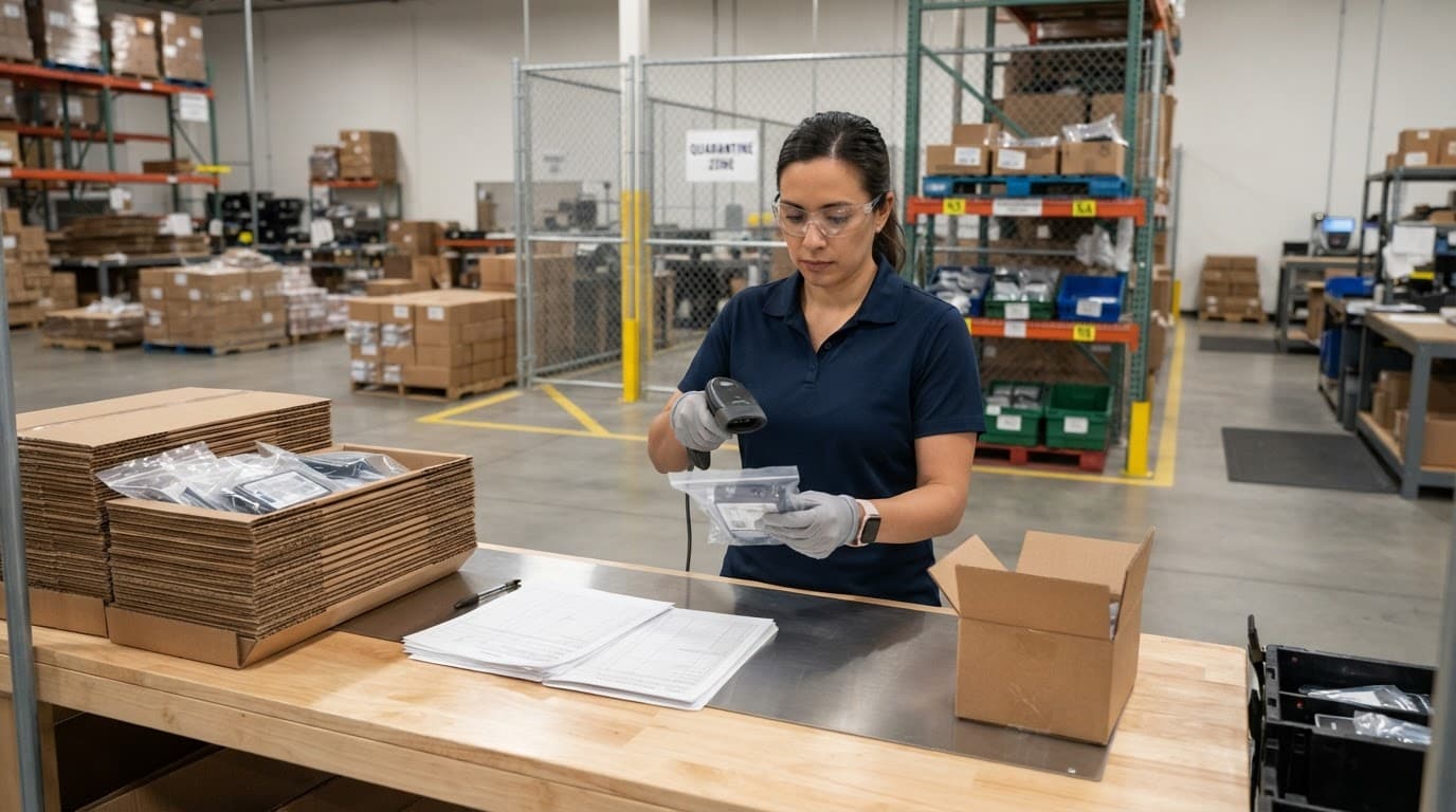 A warehouse worker inspects bagged products beside cartons at a clean station.