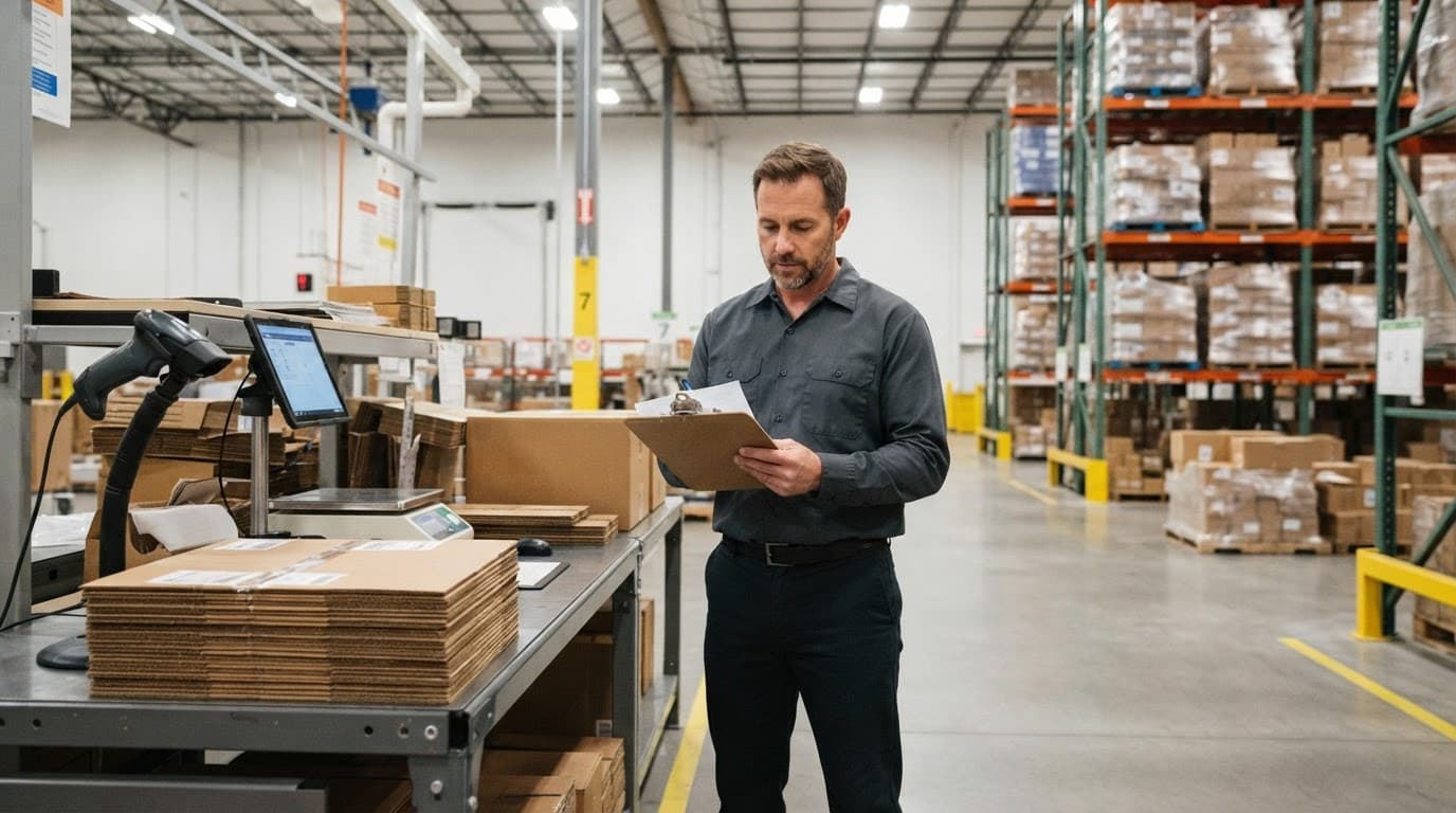 Manager holding a clipboard beside cartons and a barcode scanner in a warehouse.