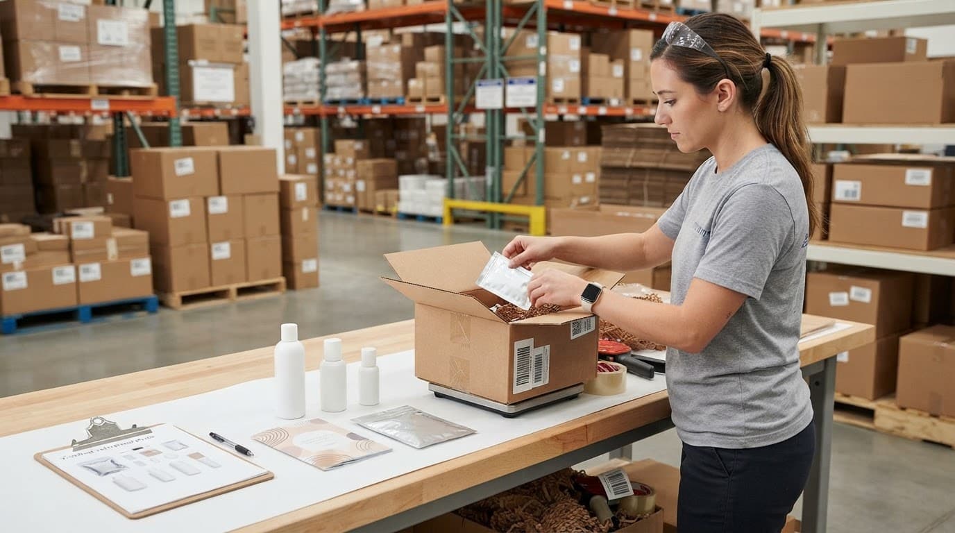 Worker arranging wellness products beside an open shipping box.