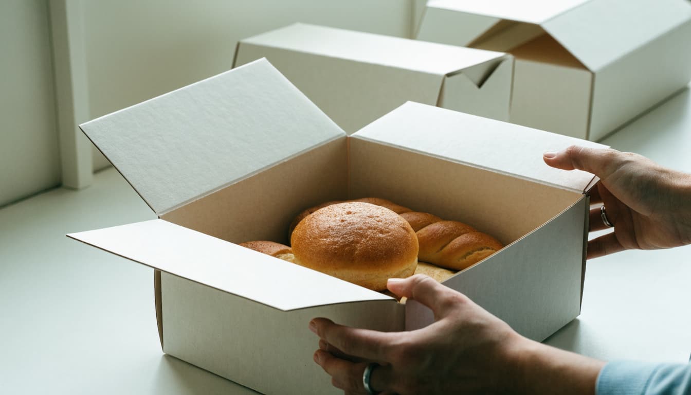 Hands pack pastries into a lined gable box on a bakery counter.