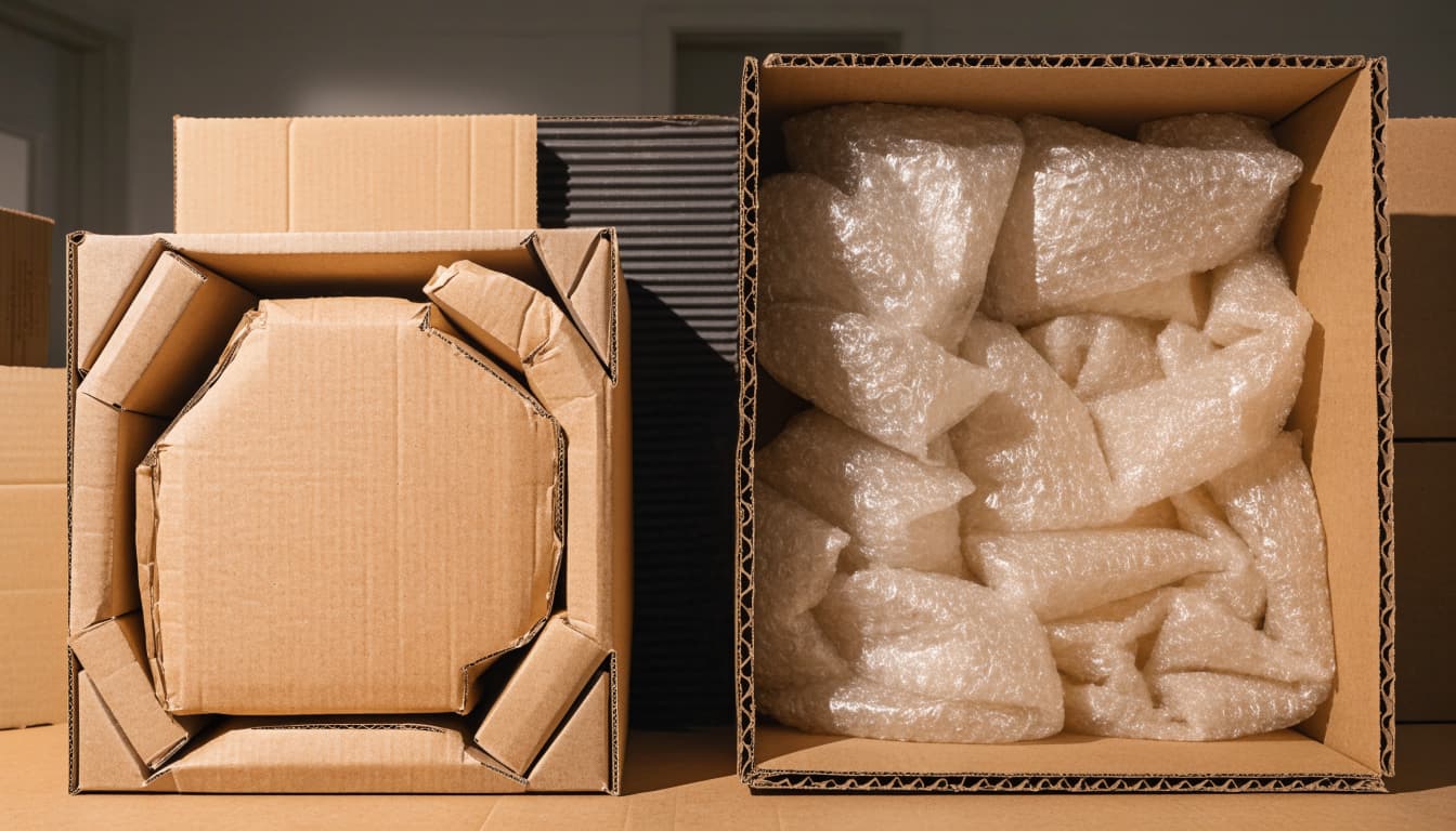 A fitted carton beside an oversized box with extra cushioning and empty space.