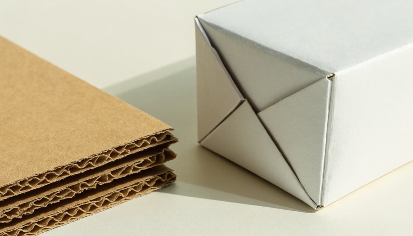 A corrugated board cutaway beside a smooth folded paperboard carton.