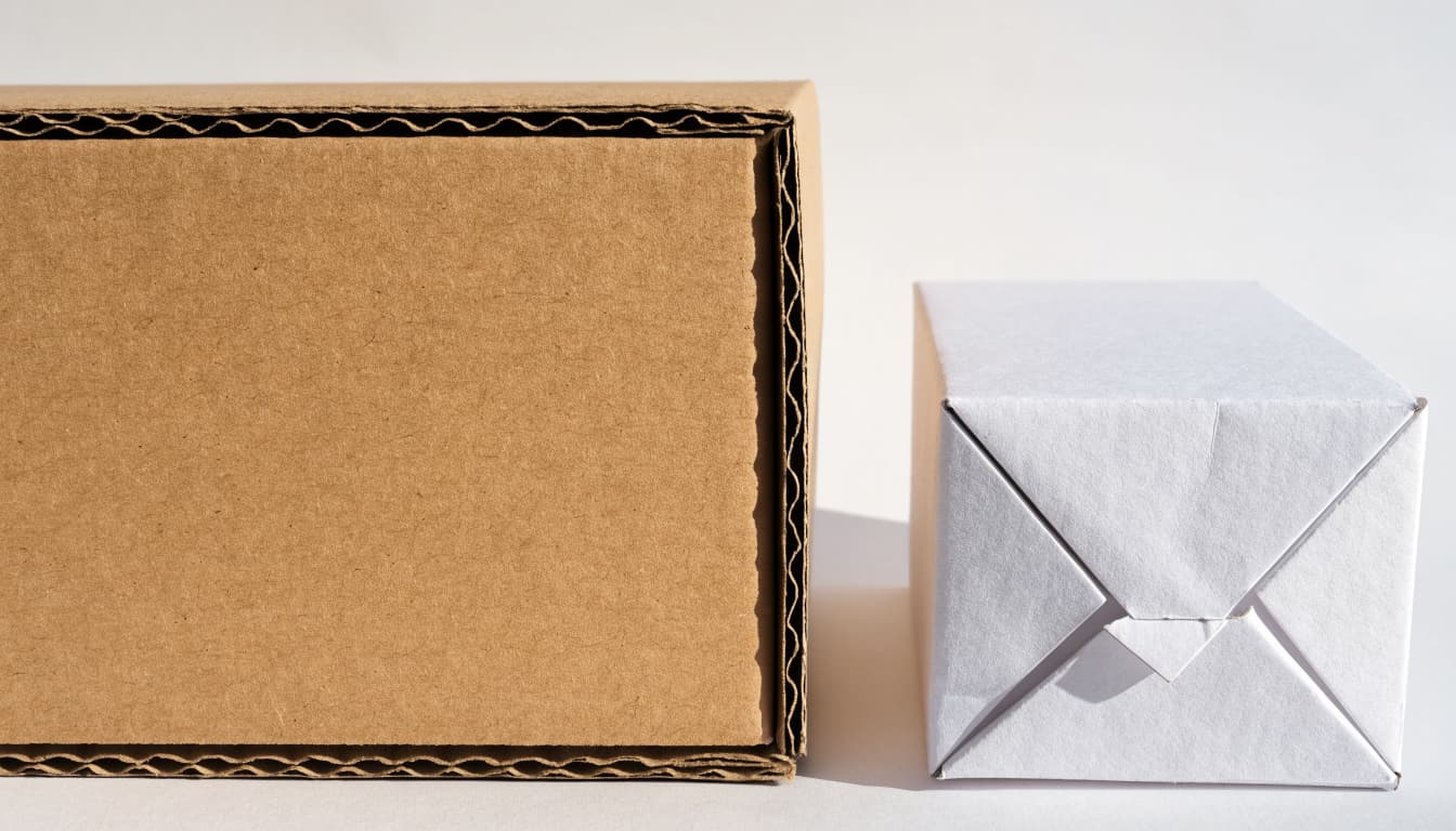 An open kraft shipping box beside a small white paperboard carton.
