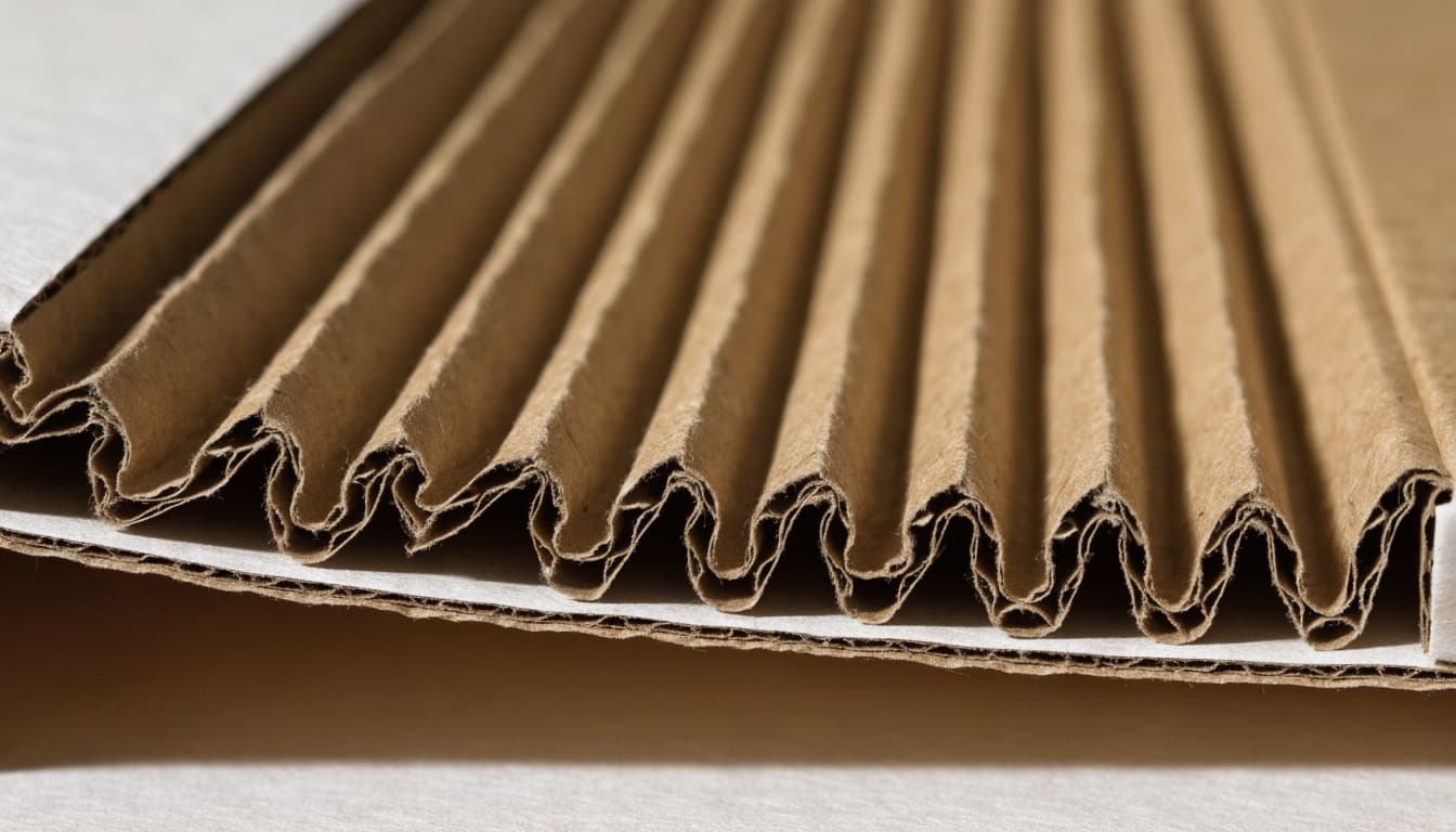 Wavy paper flutes sit between two flat cardboard liners beside a small carton edge.