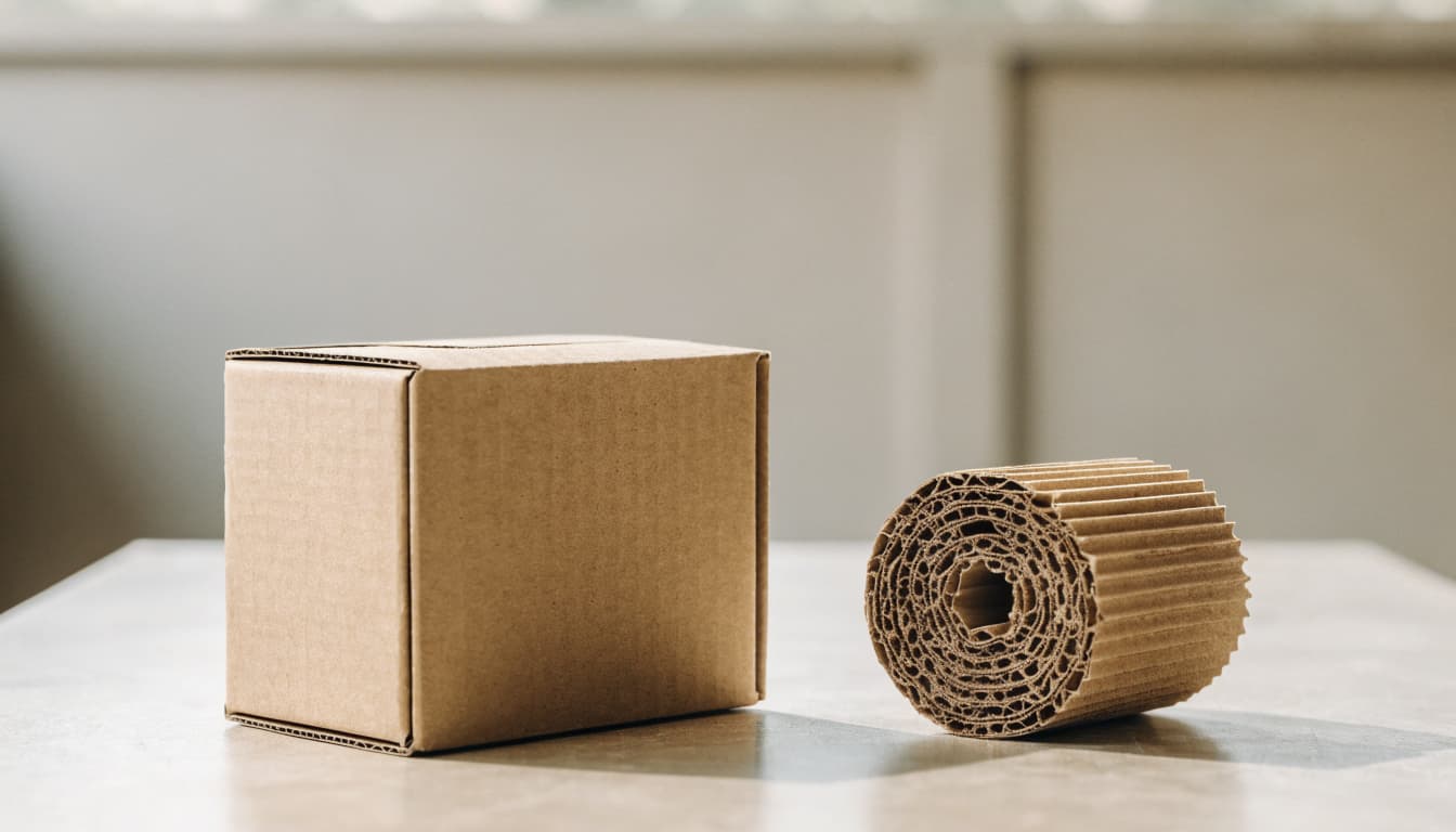 A kraft shipping carton beside a sample showing corrugated layers.