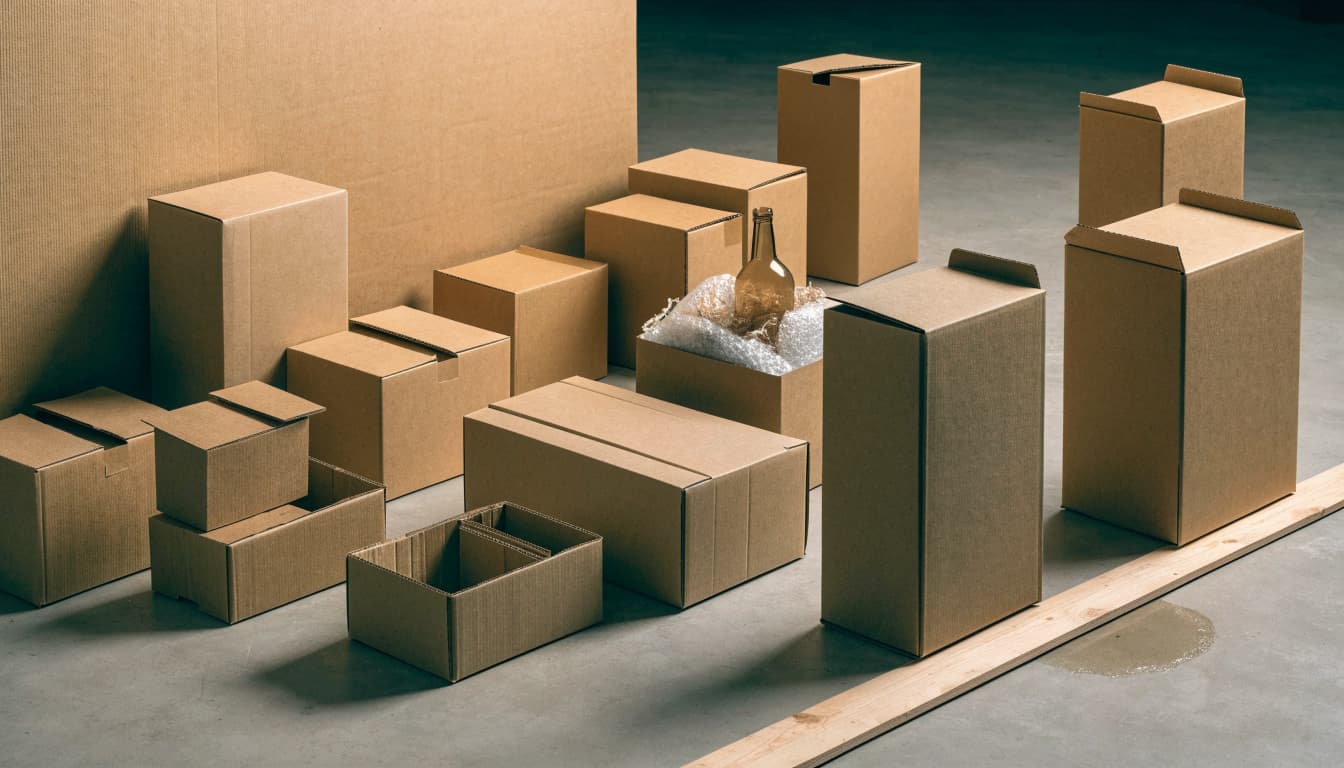 Cartons of different thicknesses surround a cushioned glass bottle and a heavier boxed product.