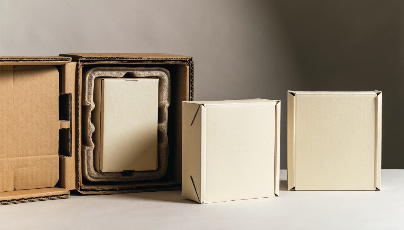 An open shipping case holds a small carton and fiber insert beside a separate retail carton.