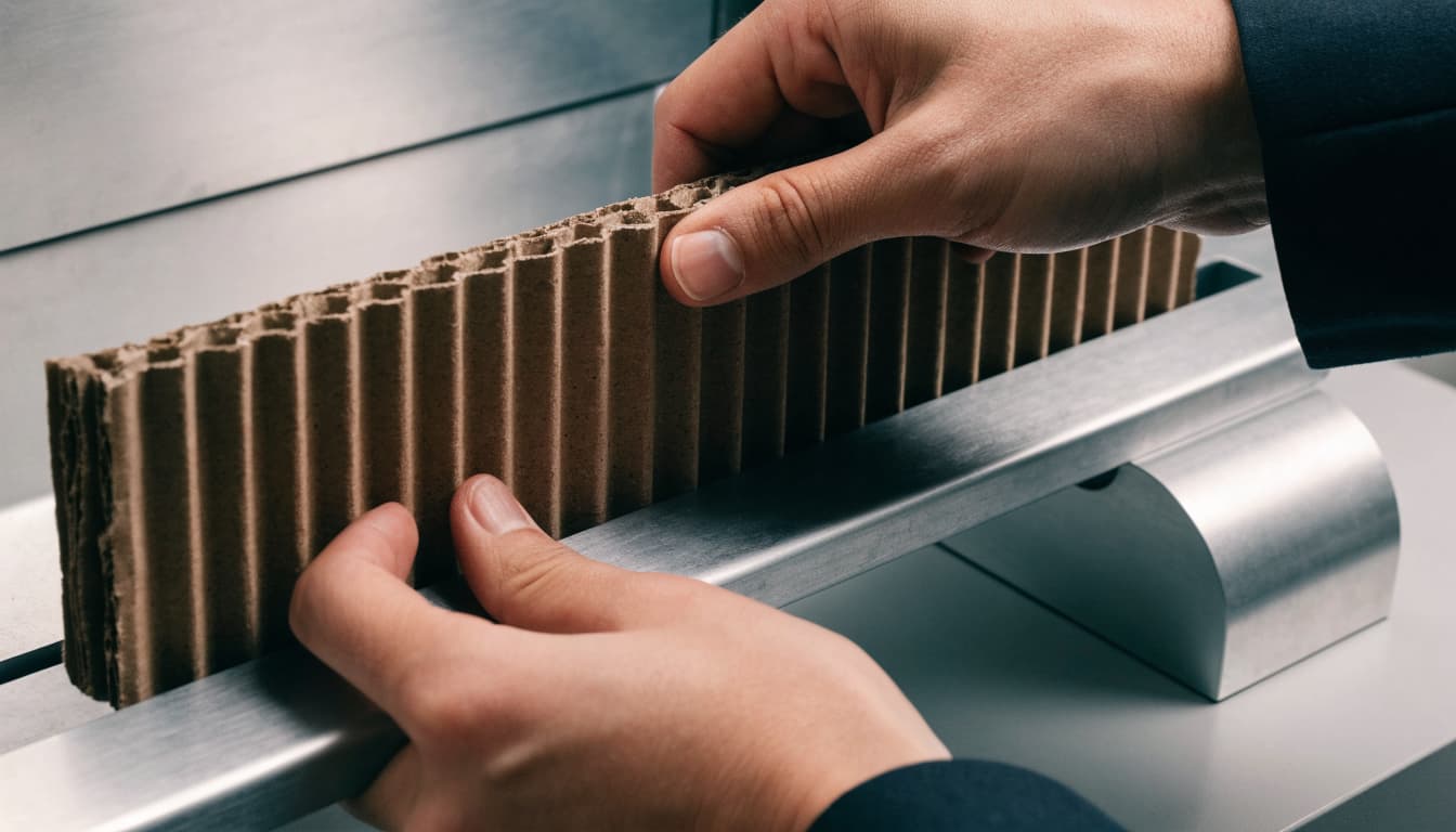 Hands place a corrugated sample into a small edge-crush tester.
