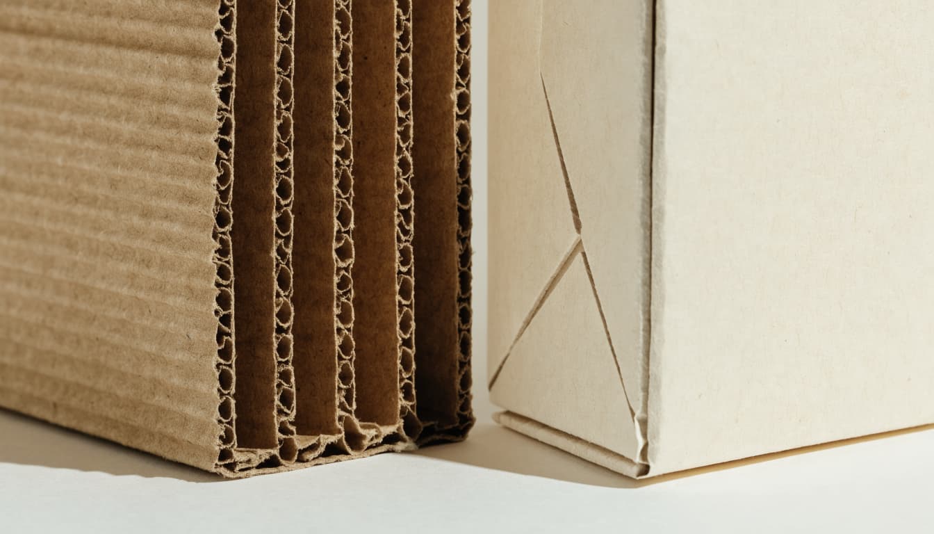 A fluted fiberboard sample sits beside a folded carton made from solid paperboard.