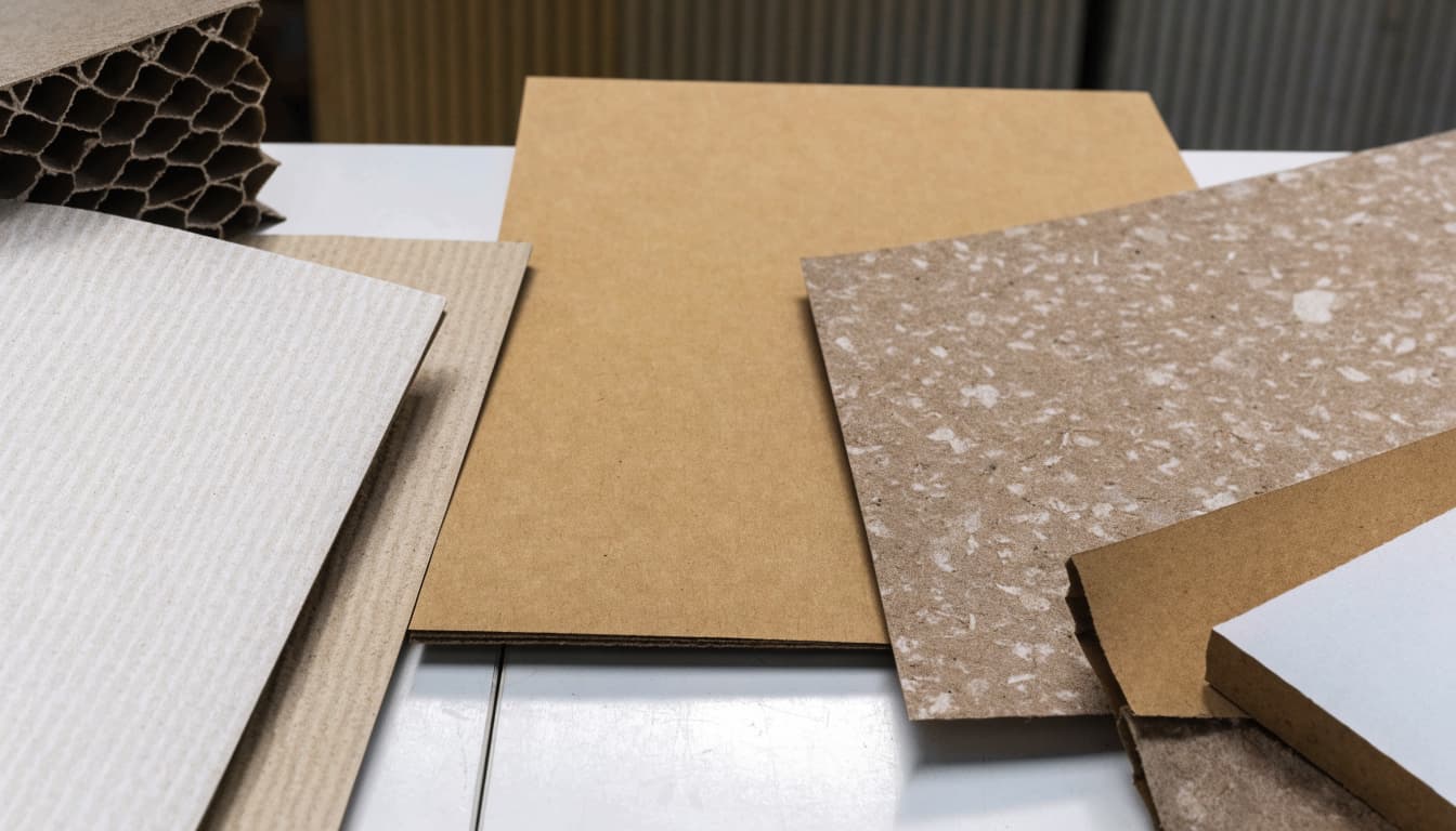 Three differently finished brown boards and a corrugated sample on a tabletop.