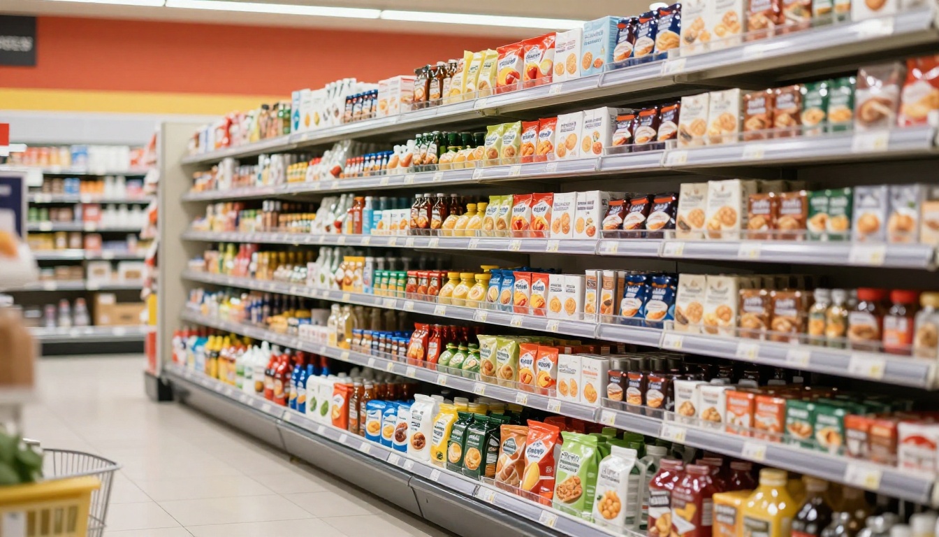 Colorful products are stacked neatly on a supermarket end cap beside shopping baskets.