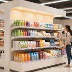A smiling shopper reaches for colorful products on a lit retail display.
