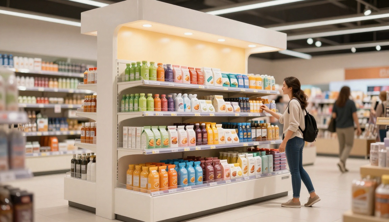 A smiling shopper reaches for colorful products on a lit retail display.