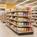 A colorful product display stands in a bright store aisle.