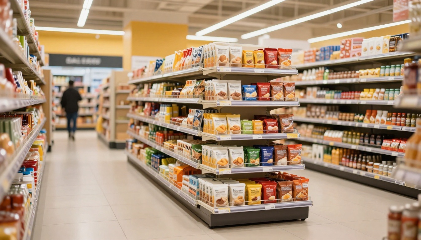 A colorful product display stands in a bright store aisle.