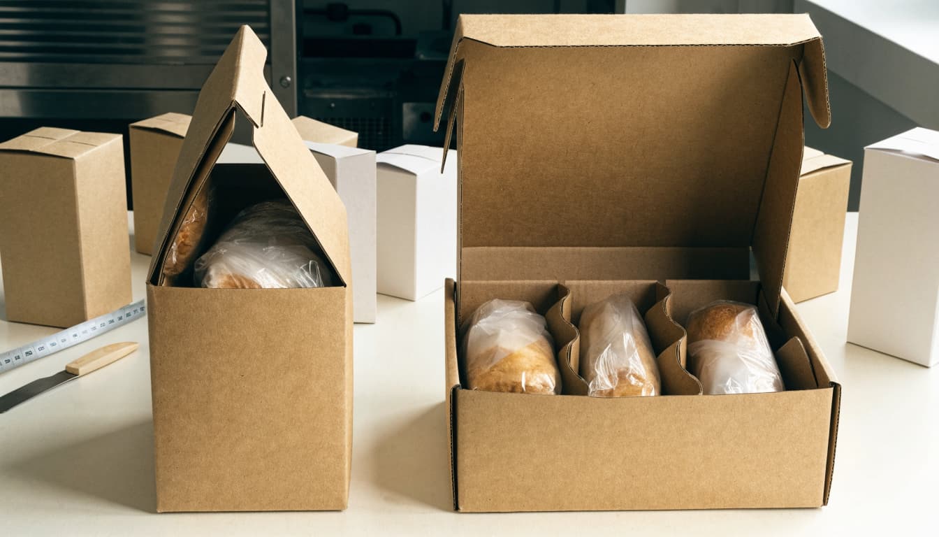 Two gable boxes compare a snug bakery pack-out with an oversized box and fitted insert.