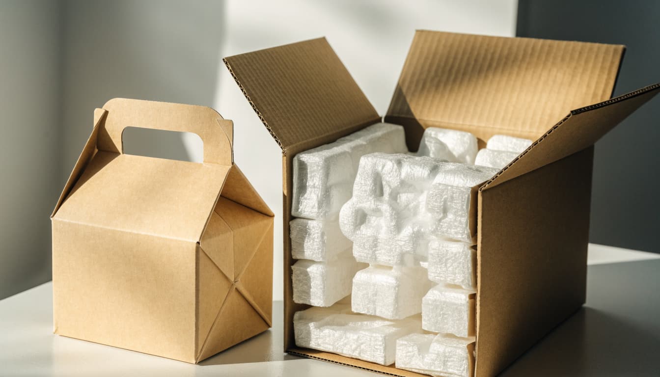 A handled gable carton beside an open shipping box with paper cushioning.