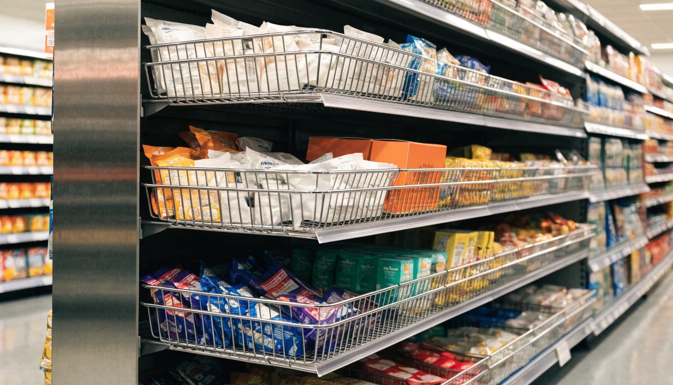 A narrow snack rack attached to a grocery shelf beside an open aisle.
