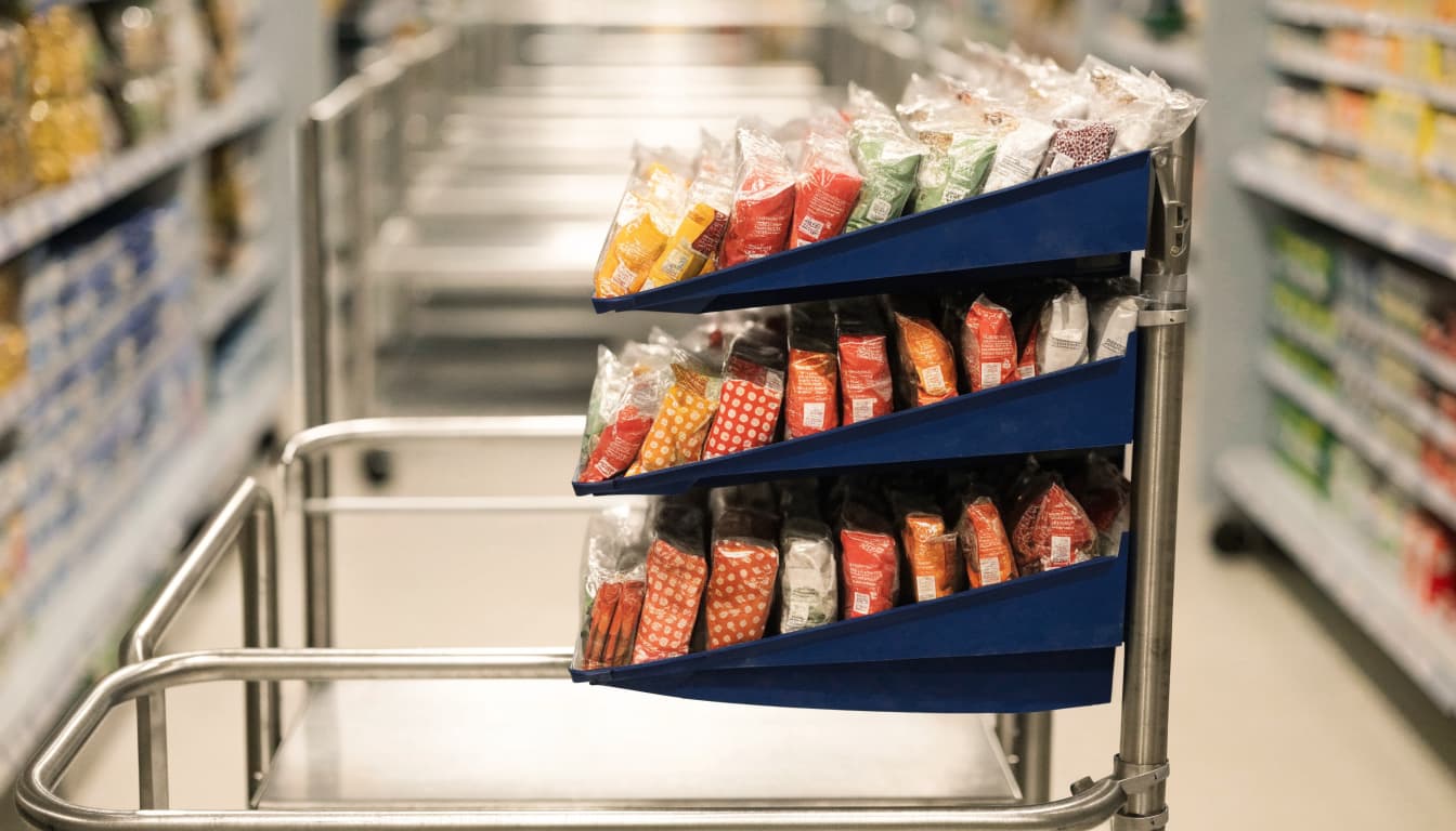 A side-mounted rack holds packaged snacks beside grocery aisle shelves.