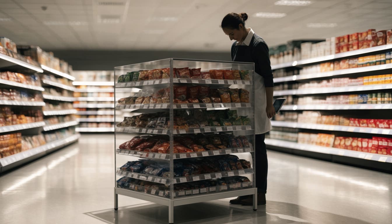 A store associate checks a packaged goods display while holding a tablet.