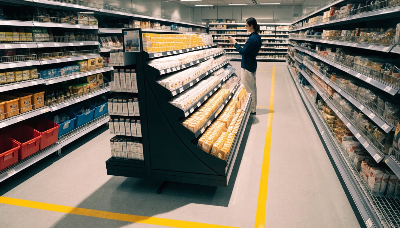 An auditor checks a stocked side display in a grocery aisle.