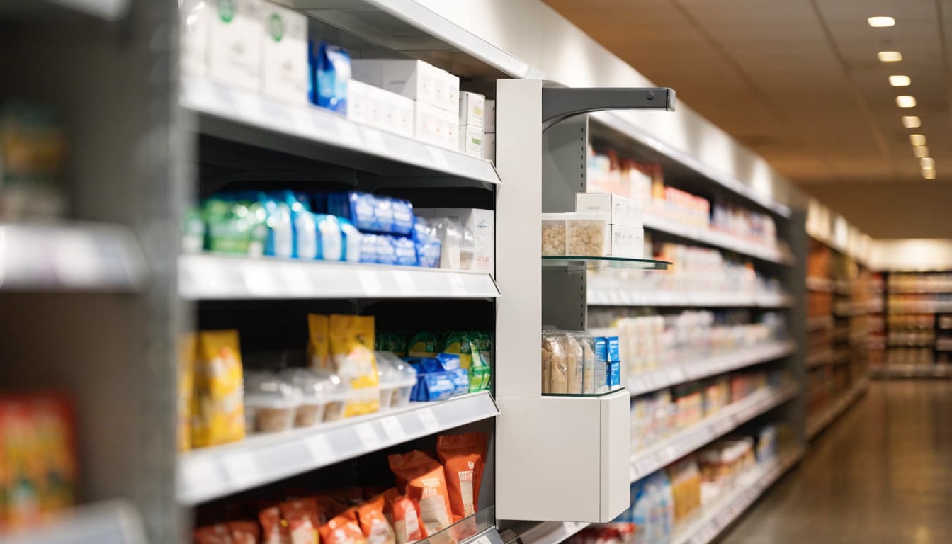 A narrow product rack attached to a grocery endcap beside an open aisle.