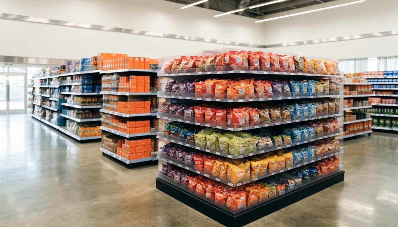 A freestanding display of colorful snack bags beside grocery shelves.