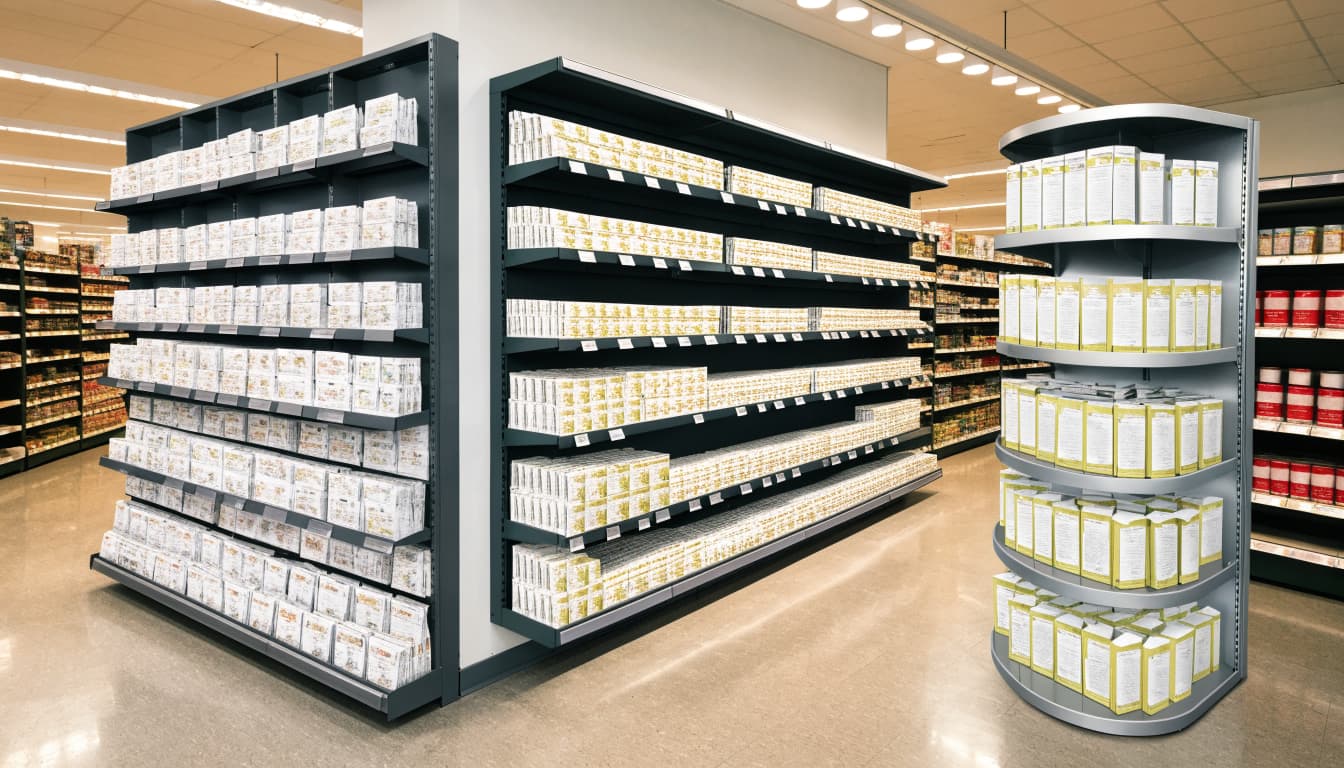 A grocery aisle shows a slim power wing, stocked endcap, and separate floor display.