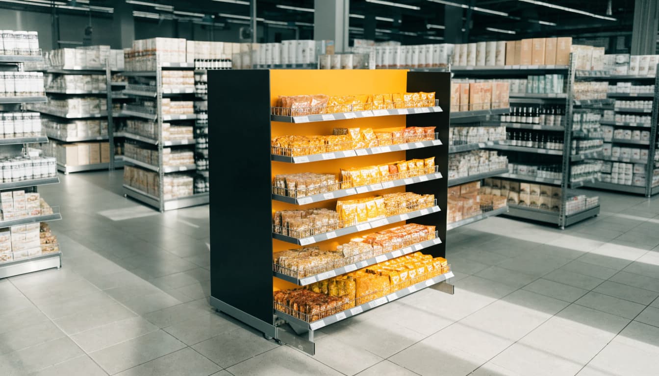 A colorful freestanding display holds packaged goods in a bright grocery aisle.