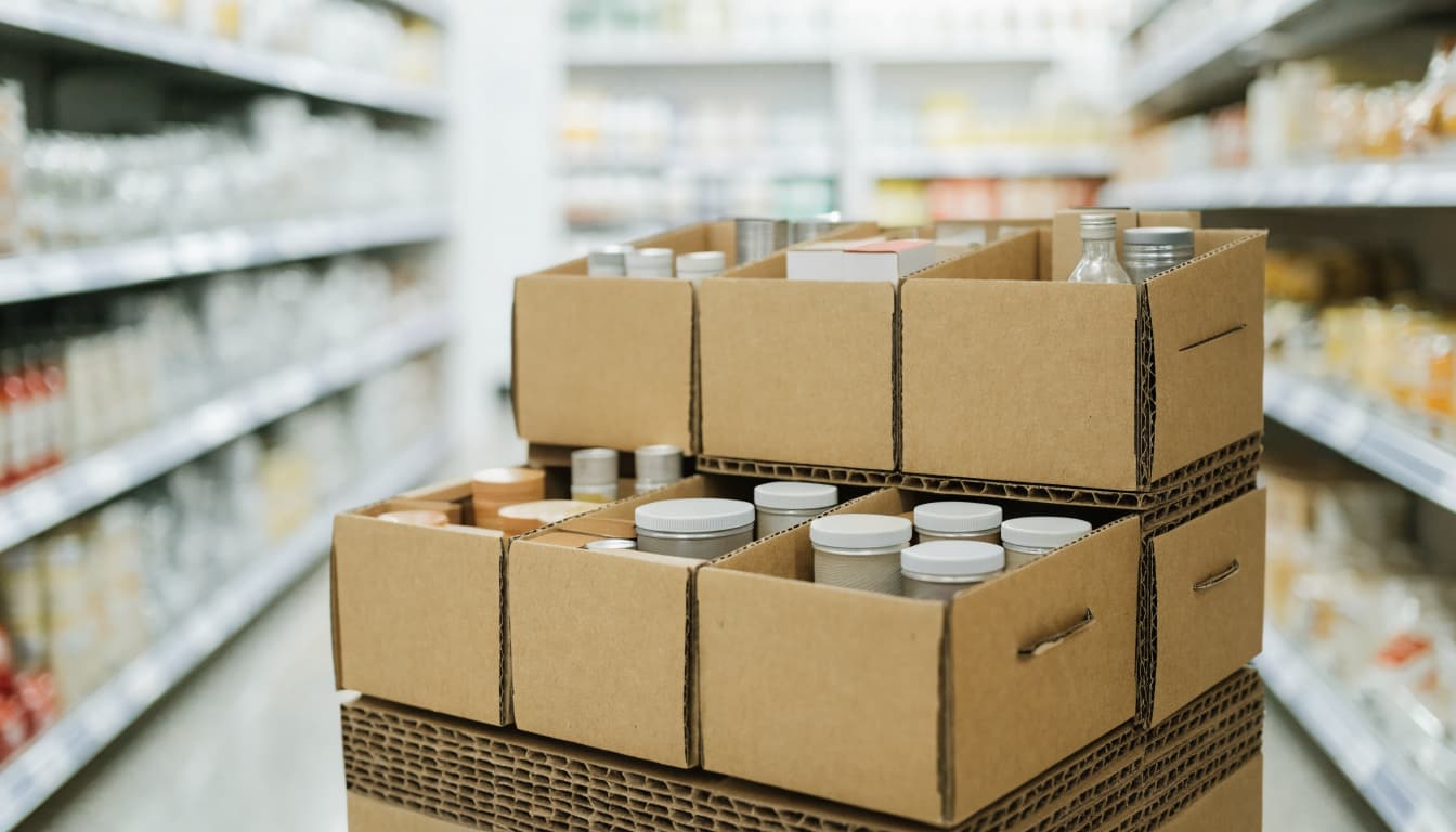 A kraft cardboard display holds products in a softly blurred grocery aisle.