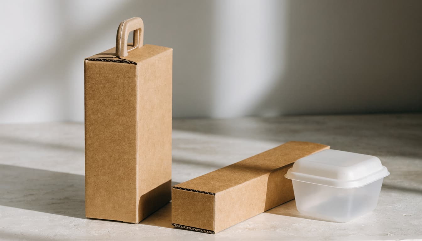 A kraft carton, paperboard divider, and sealed food container sit on a light stone surface.