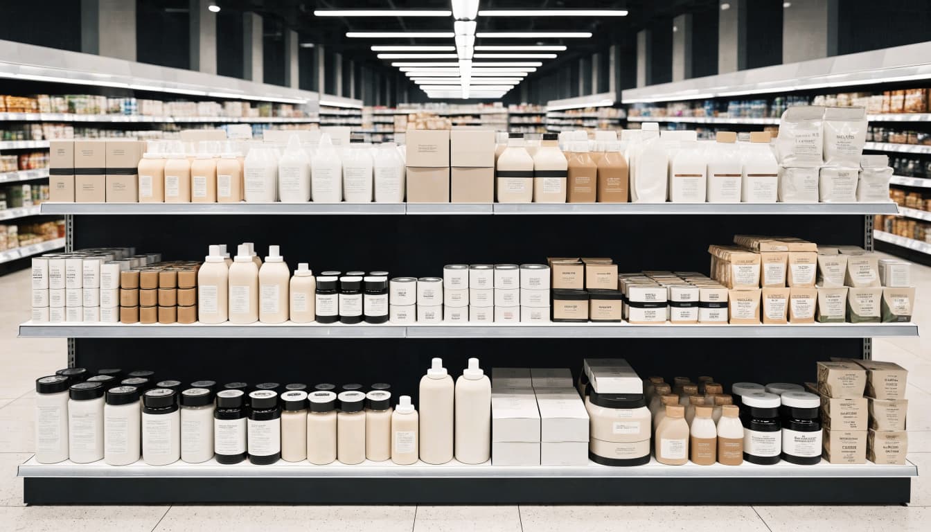 An organized endcap of packaged products stands in a bright store aisle.