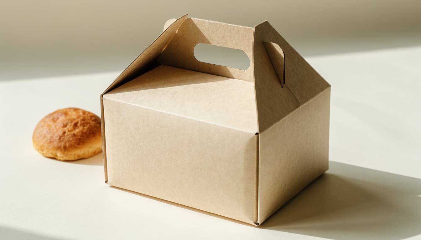 A paperboard gable box with a folded handle sits beside a small pastry.