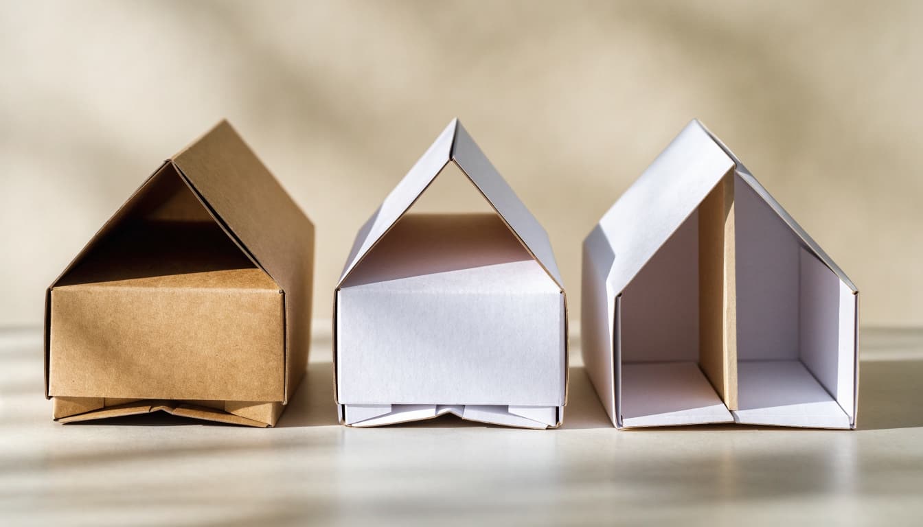 Three gable boxes show kraft and white finishes, different bases, and an interior divider.