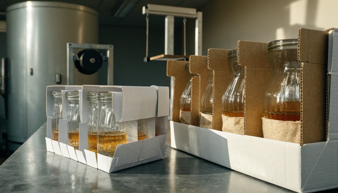 Two protective packages hold glass jars in a test lab.