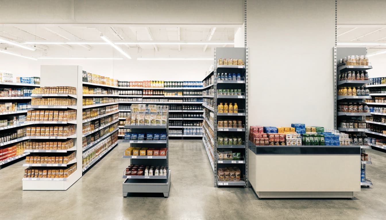Four retail display formats hold packaged goods in a bright store aisle.