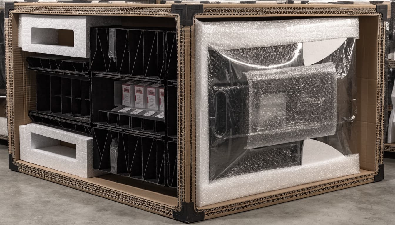 An end cap display and organized trays are packed inside a protective shipping carton.