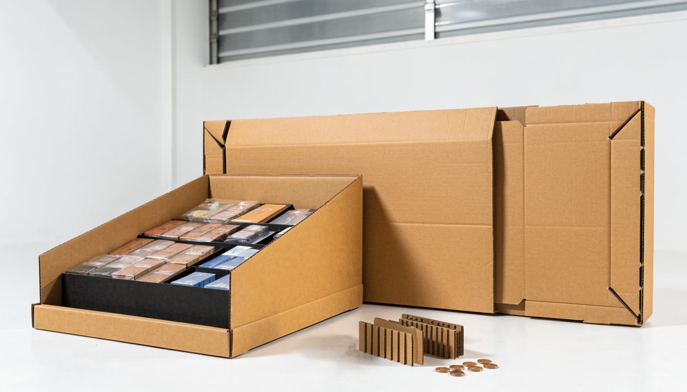 A stocked cardboard retail display stands beside its flat-packed carton and components.