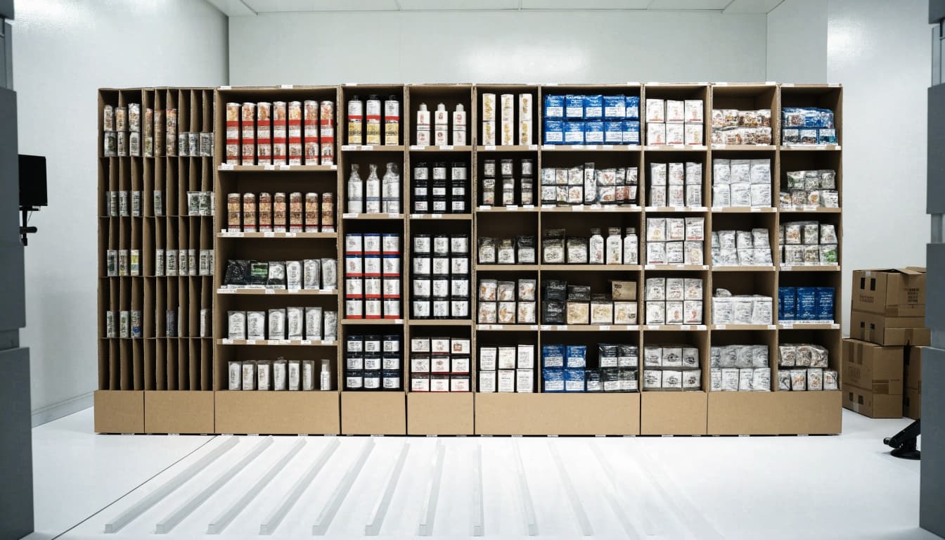 A loaded cardboard retail display stands on a test platform with shipping cartons nearby.