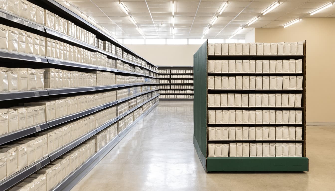 Two stocked retail displays stand side by side in a bright, open aisle.
