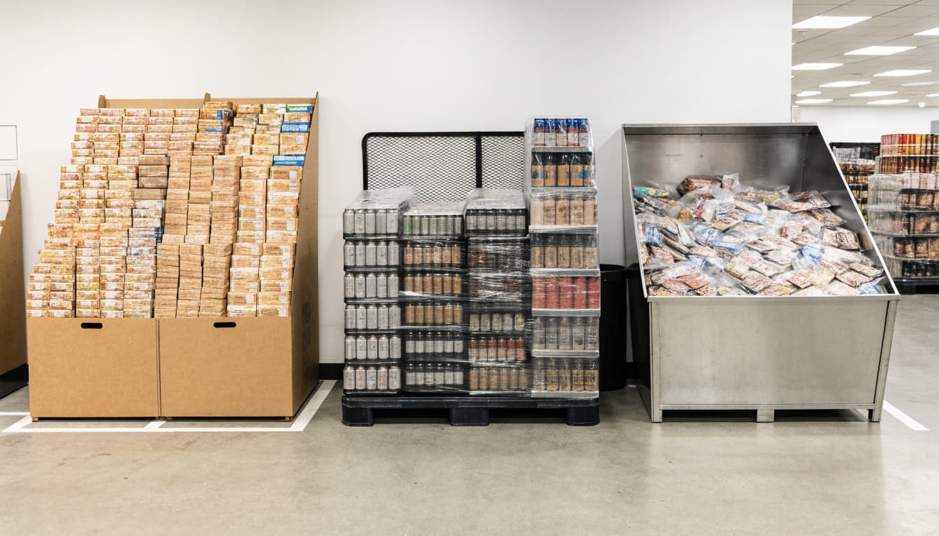 Three separate floor displays hold boxed goods, beverage cases, and packaged snacks.
